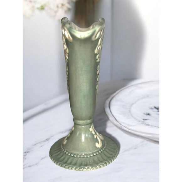 Burton & Burton Ceramic Sage Green & Cream Vase With Ornate Design - Picture 7 of 10